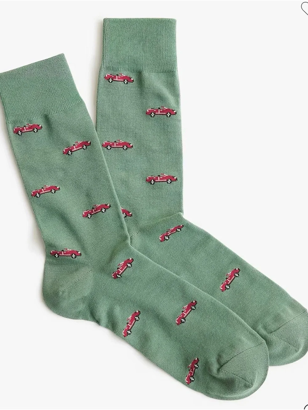 J. Crew Green Crew Socks with Red Car Motif
